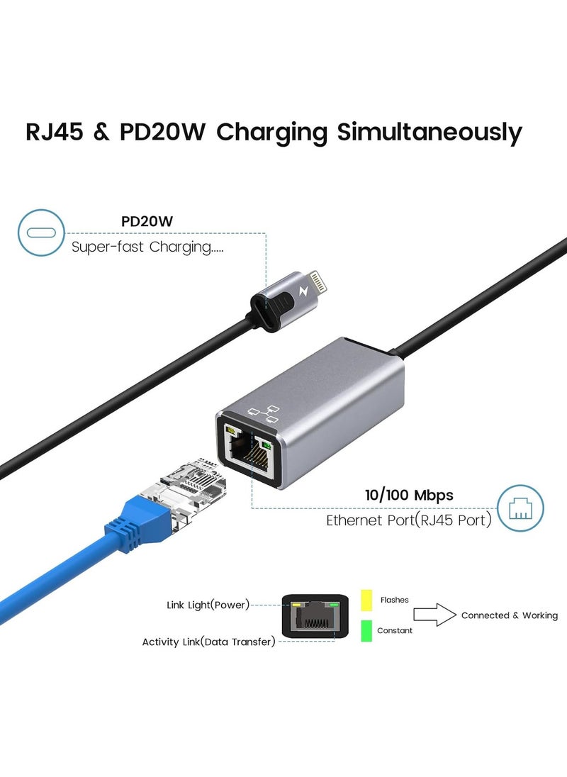 Generic - Lightning to RJ45 Ethernet Adapter, Compatible with iPhone iPad to RJ45 Ethernet LAN Network Adapter with 20W PD Fast Charging Port, 100Mbps High Speed, Plug and Play - Image 1