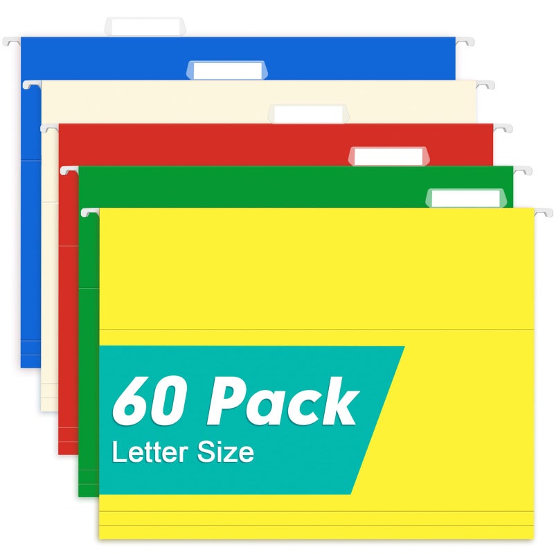 HERKKA Hanging File Folders, 60 Pack Reinforced Letter Size Hanging Folders with Heavy Duty 0 Inch Expansion, Designed for Bulky Files, Medical Charts, Adjustable Tabs, Assorted Colors - Image 1