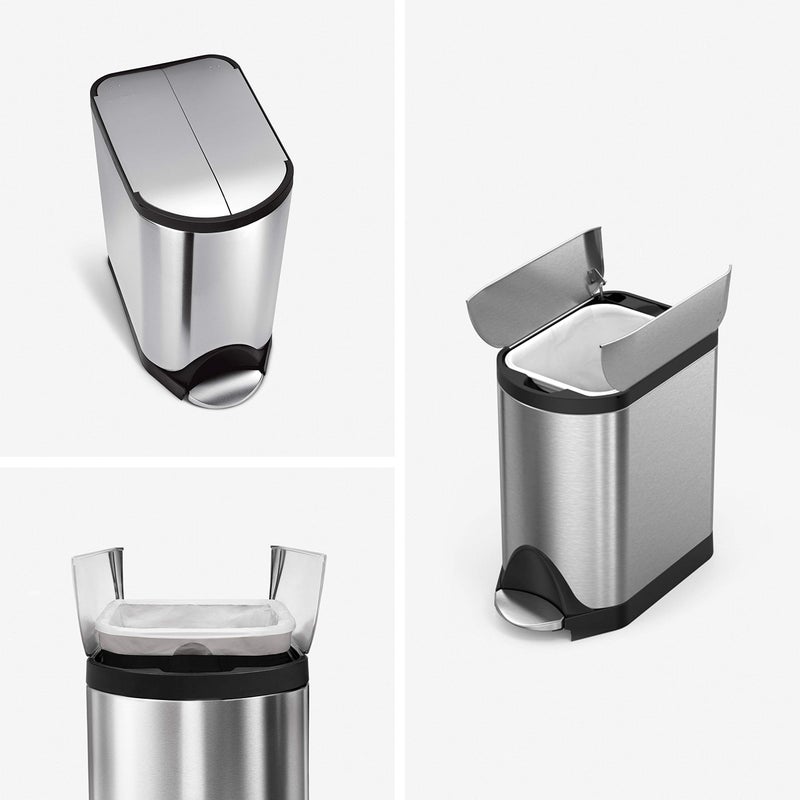 simplehuman 10 Liter / 2.6 Gallon Butterfly Lid Bathroom Step Trash Can, Brushed Stainless Steel with Black Trim - Image 2