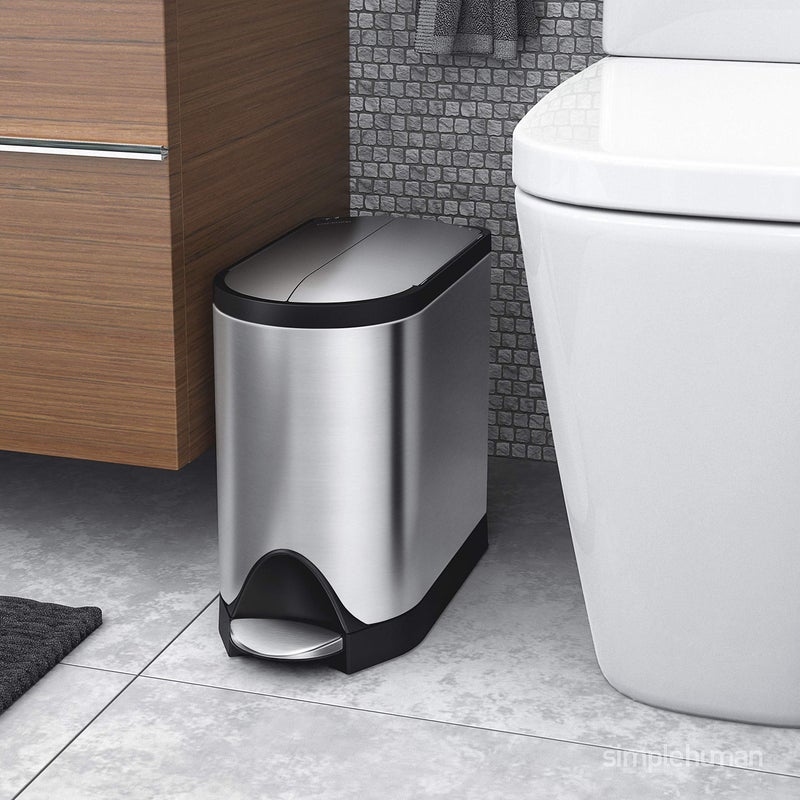 simplehuman 10 Liter / 2.6 Gallon Butterfly Lid Bathroom Step Trash Can, Brushed Stainless Steel with Black Trim - Image 3