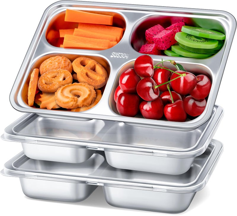 Stainless Steel Snack Containers with Lids  3 Pack  4 Compartments Bento Snack Boxes  Reusable Meal Prep Lunch Containers for Kids Adults  Divided Food Storage Container for School Home Travel