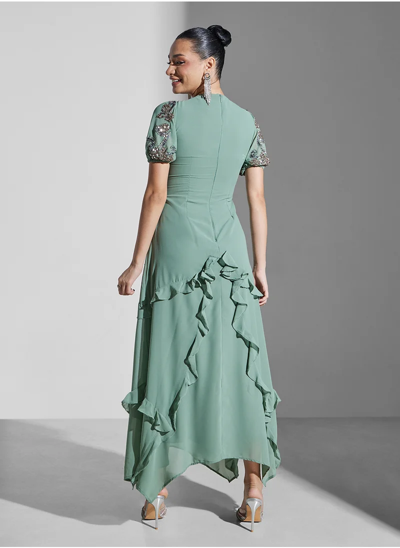 Maya Puff Sleeve Twist Front Ruffle Dress