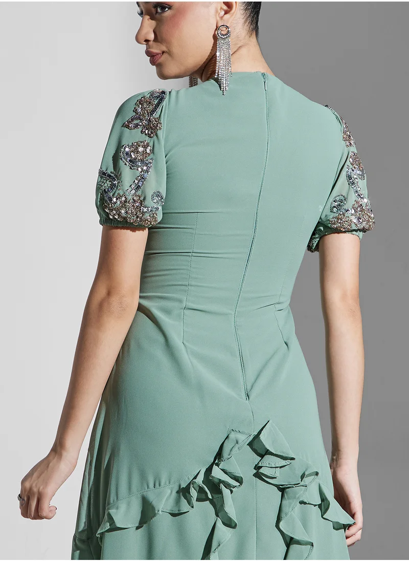 Maya Puff Sleeve Twist Front Ruffle Dress