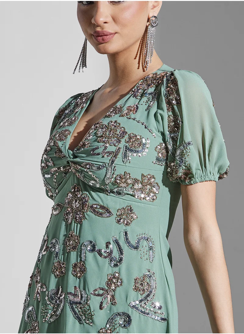 Maya Puff Sleeve Twist Front Ruffle Dress