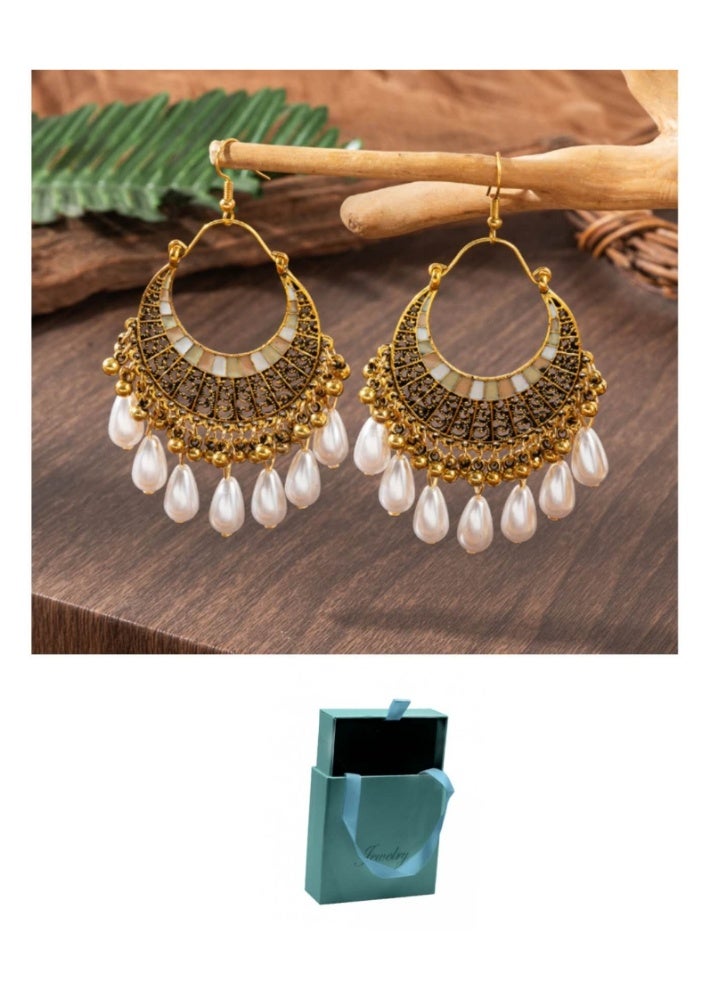 LATEEN 18K Women Gold Plated Earring Indian Jhumka Earrings Retro Ear Rings, Fashion Jewelry Earring For Weddings Party With Handbag Gift Box - Image 1