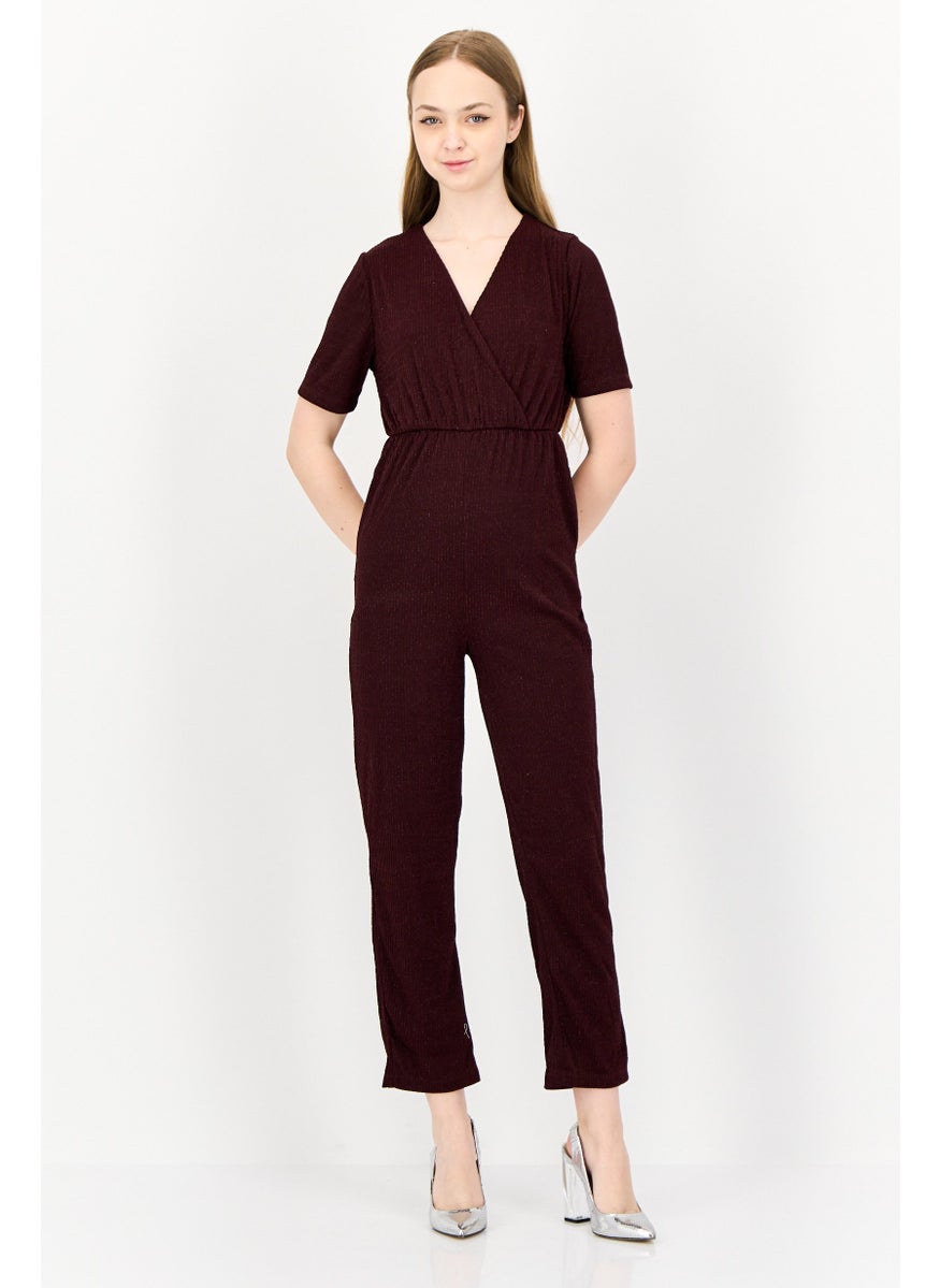 ONLY Women Textured Short Sleeve Jumpsuits, Burgundy  - Image 1