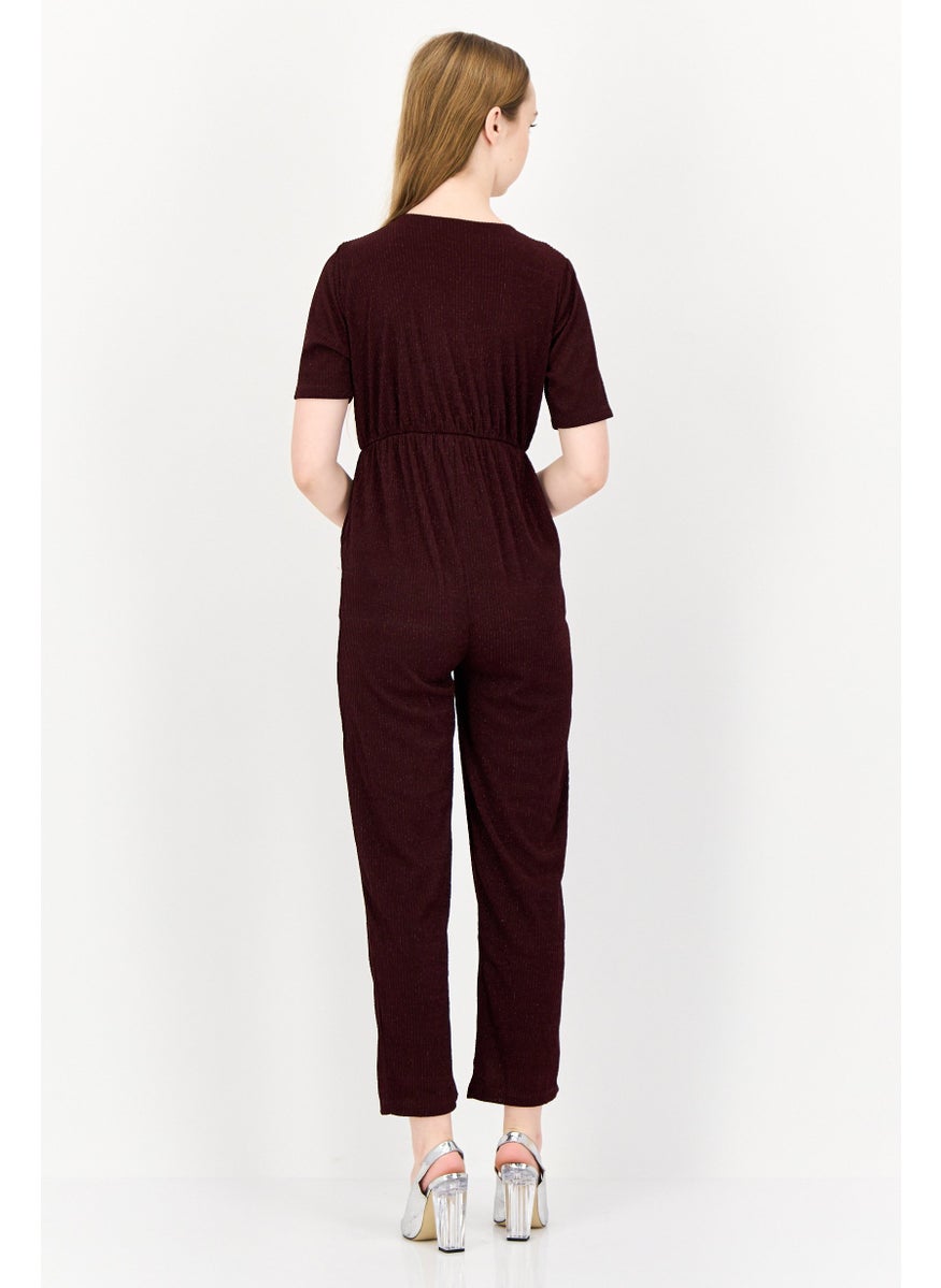 ONLY Women Textured Short Sleeve Jumpsuits, Burgundy  - Image 4