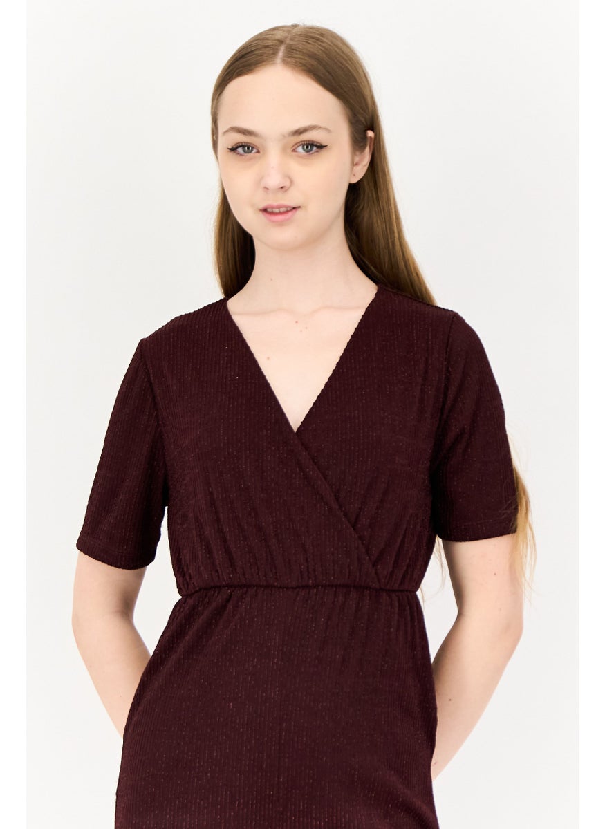 ONLY Women Textured Short Sleeve Jumpsuits, Burgundy  - Image 2