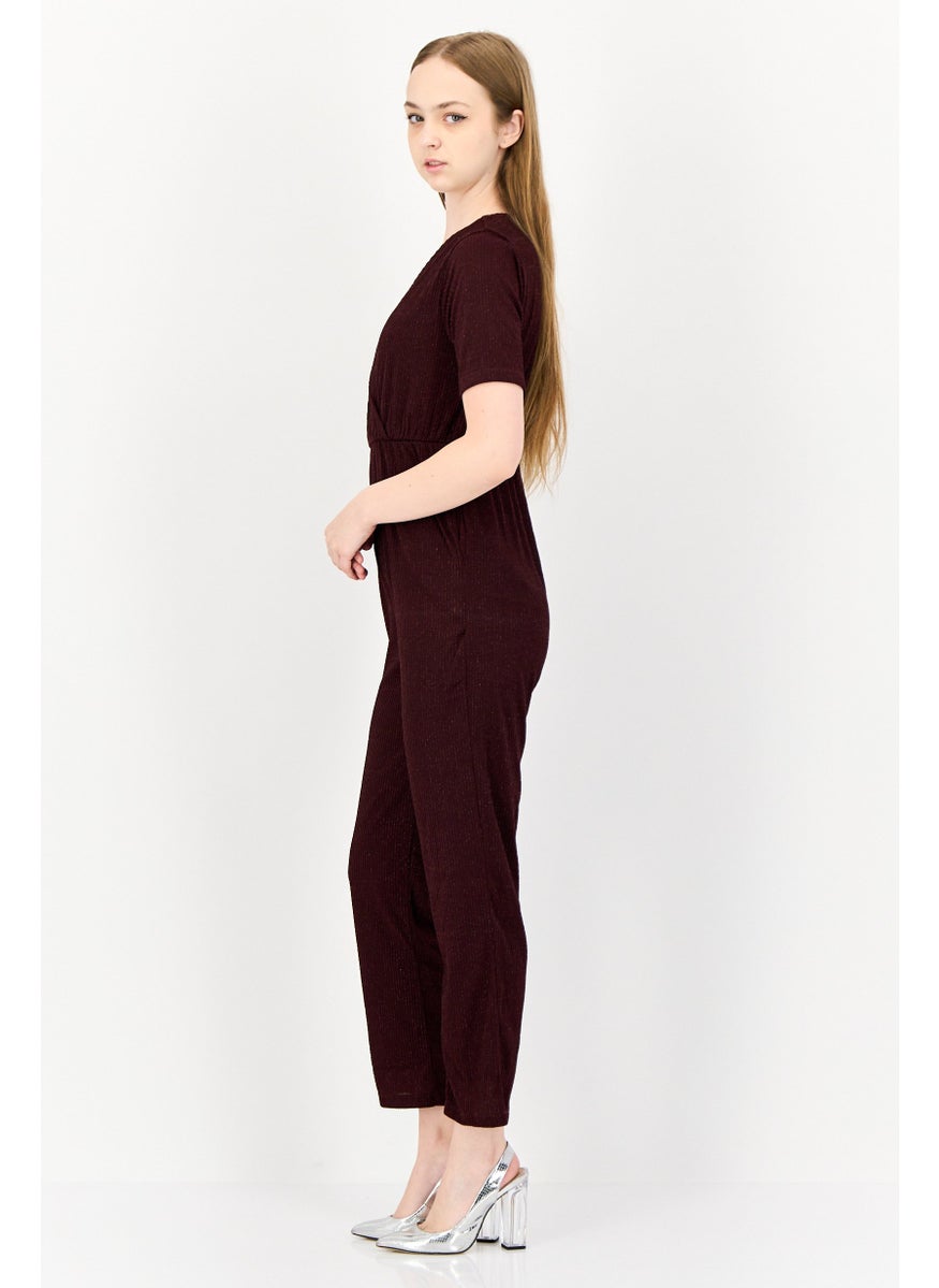 ONLY Women Textured Short Sleeve Jumpsuits, Burgundy  - Image 3