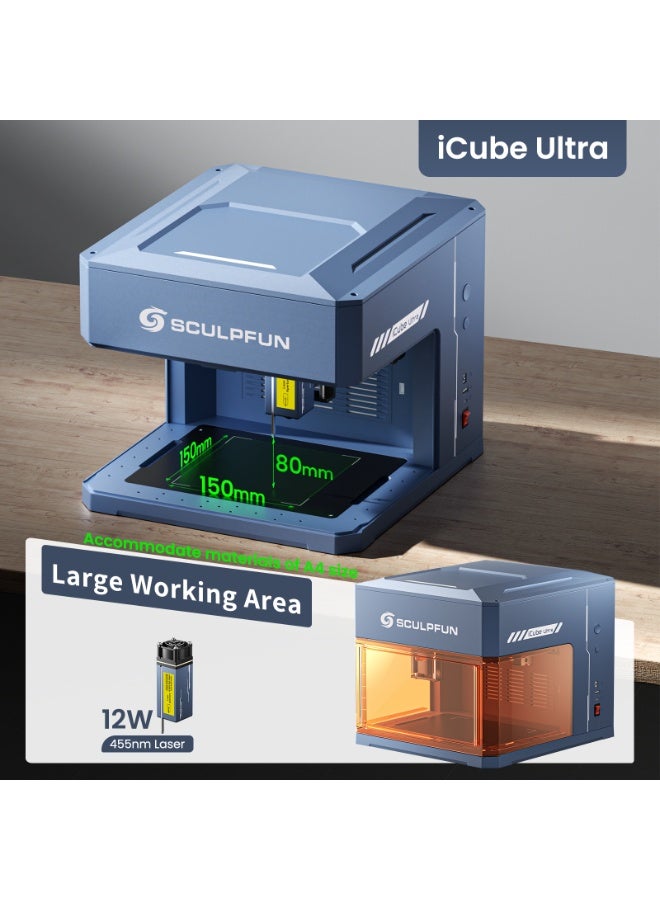 سكلبفون SCULPFUN iCube Ultra 12W آلة النقش بالليزر, عالية الدقة الخشب أكريليك الليزر النقش القطع, وظيفة التركيز التلقائي مدمجة في تصفية الهواء, 150x150mm منطقة العمل - Image 5