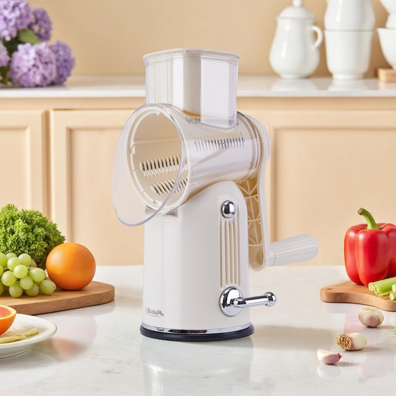 SLEEKDR 5 in 1 Rotary Cheese Grater Vegetable Slicer with Handle - Upgraded Hand Crank Cheese Grater with Handle and Strong Suction Base, Multi-Purpose Vegetable Slicer with 5 Well-Designed Blades - Image 2