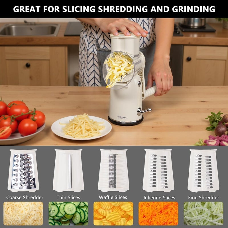 SLEEKDR 5 in 1 Rotary Cheese Grater Vegetable Slicer with Handle - Upgraded Hand Crank Cheese Grater with Handle and Strong Suction Base, Multi-Purpose Vegetable Slicer with 5 Well-Designed Blades - Image 5