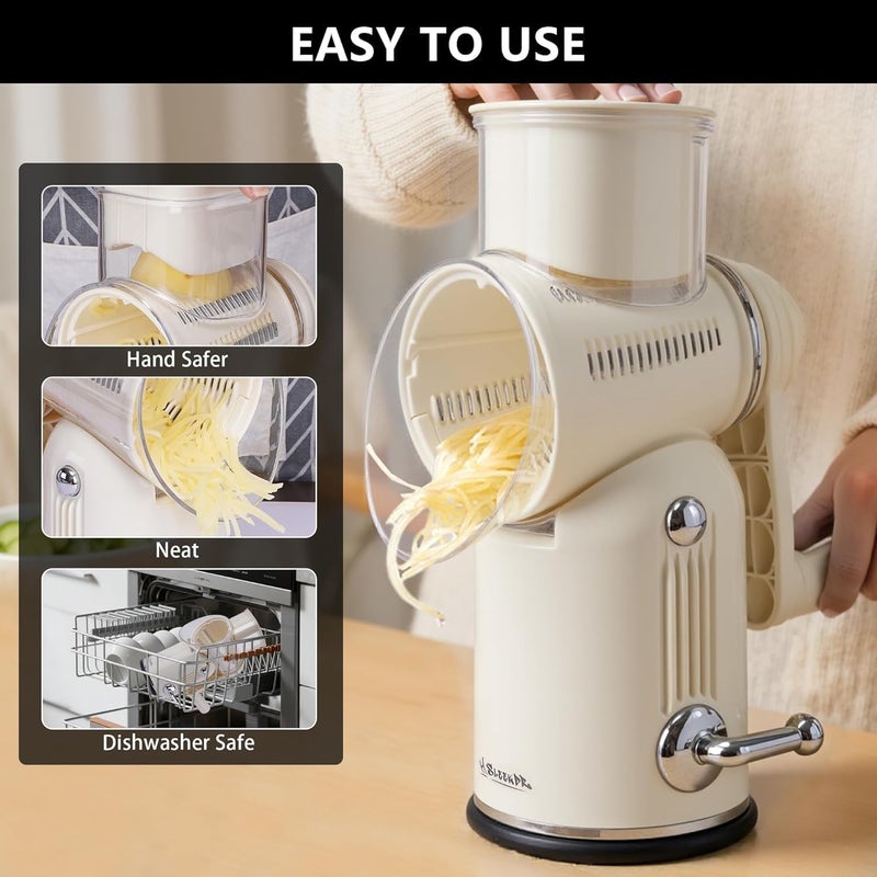 SLEEKDR 5 in 1 Rotary Cheese Grater Vegetable Slicer with Handle - Upgraded Hand Crank Cheese Grater with Handle and Strong Suction Base, Multi-Purpose Vegetable Slicer with 5 Well-Designed Blades - Image 4