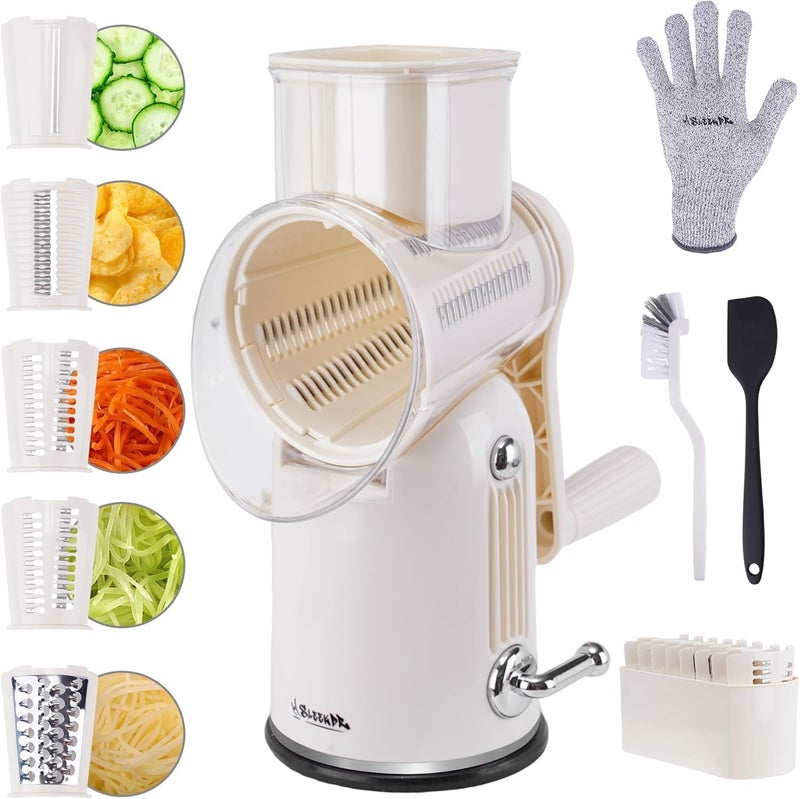 SLEEKDR 5 in 1 Rotary Cheese Grater Vegetable Slicer with Handle - Upgraded Hand Crank Cheese Grater with Handle and Strong Suction Base, Multi-Purpose Vegetable Slicer with 5 Well-Designed Blades - Image 1