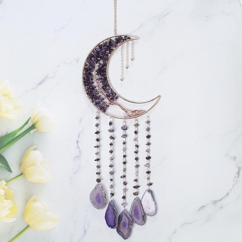 Dreamsum Agate Moon Dream Catchers with Crystal Purple Gemstone Dream Catchers Natural Tree of Life Gem Agate Wall Hangings Room Garden Dreamcatchers Decor (Purple) - Image 5