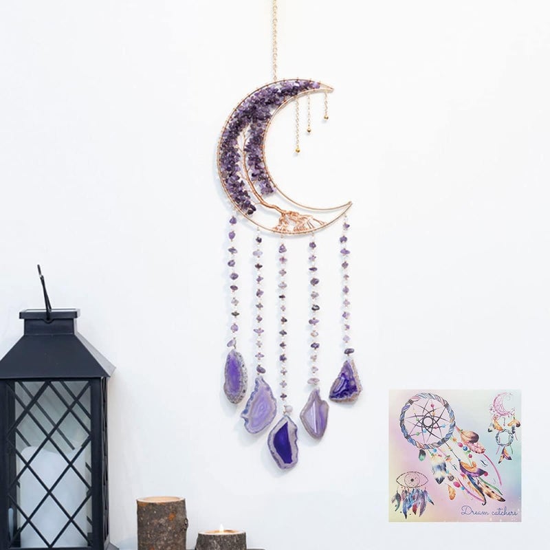 Dreamsum Agate Moon Dream Catchers with Crystal Purple Gemstone Dream Catchers Natural Tree of Life Gem Agate Wall Hangings Room Garden Dreamcatchers Decor (Purple) - Image 1