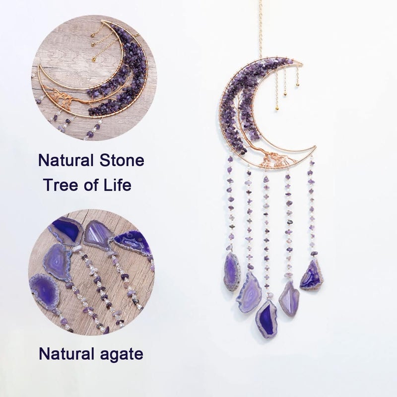 Dreamsum Agate Moon Dream Catchers with Crystal Purple Gemstone Dream Catchers Natural Tree of Life Gem Agate Wall Hangings Room Garden Dreamcatchers Decor (Purple) - Image 2