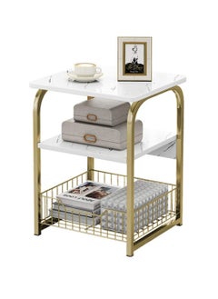 LEDIN End Table Sofa Side Table Bedside Desk Nightstand with Storage Basket for Living Room Bedroom Office Balcony White Easy to Assemble  - Image 1