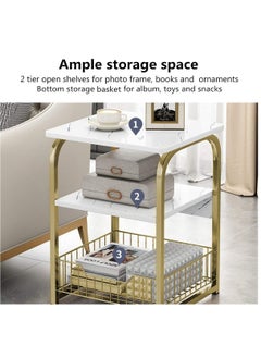 LEDIN End Table Sofa Side Table Bedside Desk Nightstand with Storage Basket for Living Room Bedroom Office Balcony White Easy to Assemble  - Image 2