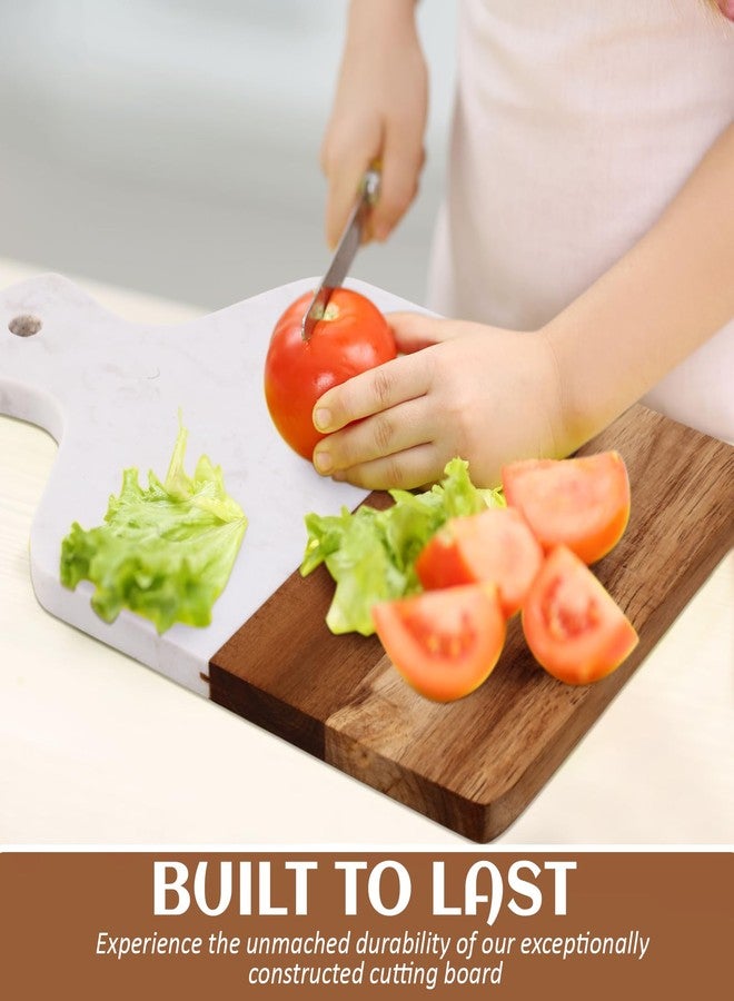 FillTouch 2 Pcs Marble and Acacia Wood Cutting Board 13 x 8.5 Inch White Marble Charcuterie Boards Cheese Serving Tray with Handle Wooden Marbles Charcuteries Set for Meat, Steak, Fruit, Bread - Image 5