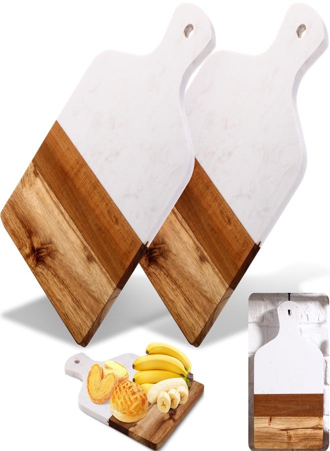 FillTouch 2 Pcs Marble and Acacia Wood Cutting Board 13 x 8.5 Inch White Marble Charcuterie Boards Cheese Serving Tray with Handle Wooden Marbles Charcuteries Set for Meat, Steak, Fruit, Bread - Image 1