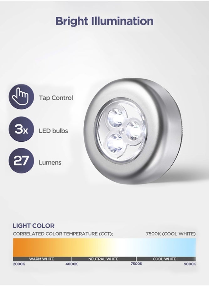 فاصولا مصابيح بانية ، عبوة من 6 إضاءة بيضاء مصباح ليد باللمس، إضاءة ليلية لاسلكية تعمل بالبطارية، إضاءة تحت الخزائن قابلة للصق للمطبخ وخزانة الملابس والممرات (فضي) - Image 5