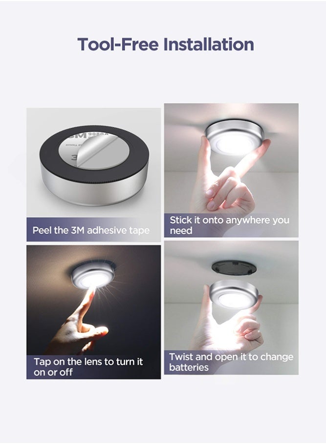 فاصولا مصابيح بانية ، عبوة من 6 إضاءة بيضاء مصباح ليد باللمس، إضاءة ليلية لاسلكية تعمل بالبطارية، إضاءة تحت الخزائن قابلة للصق للمطبخ وخزانة الملابس والممرات (فضي) - Image 3