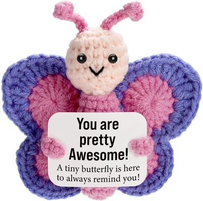 Happy Threads Positive Butterfly Plush with Inspirational Message Card, Handmade Crochet Emotional Support Keepsake, Cute Desk & Shelf Décor, Butterfly Gift for Girls, Friends & Teachers