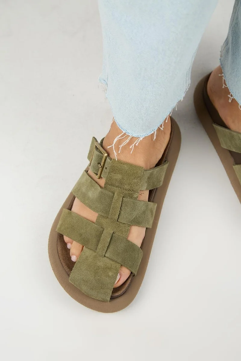 Manijero Manijero Brancato Women's Genuine Leather Buckle Strap Clogs Khaki
