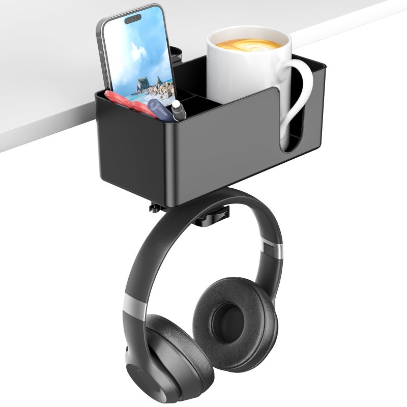 KDD 4 in 1 Desk Cup Holder - Clamp on Under Desk Headphone Hanger - Rotating Headphone Holder Detachable Pen Cup Holder Desktop Storage for Cup, Phone and Pen(Black) - Image 1