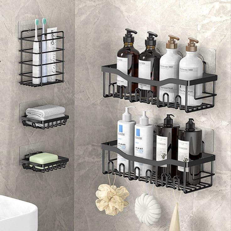 EVANEX Stainless Steel 5 in 1 Self Adhesive Bathroom Organizer Combo of Bathroom Shelves, Soap Holders, Tooth Brush Holder for Bathroom/Wall Mounted/No Drilling Required (Pack of 1) - Image 2