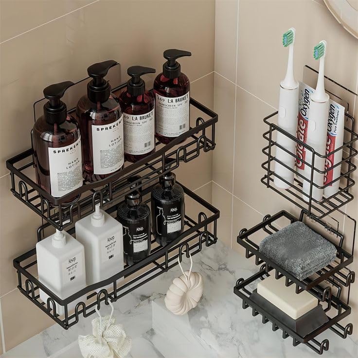 EVANEX Stainless Steel 5 in 1 Self Adhesive Bathroom Organizer Combo of Bathroom Shelves, Soap Holders, Tooth Brush Holder for Bathroom/Wall Mounted/No Drilling Required (Pack of 1) - Image 3