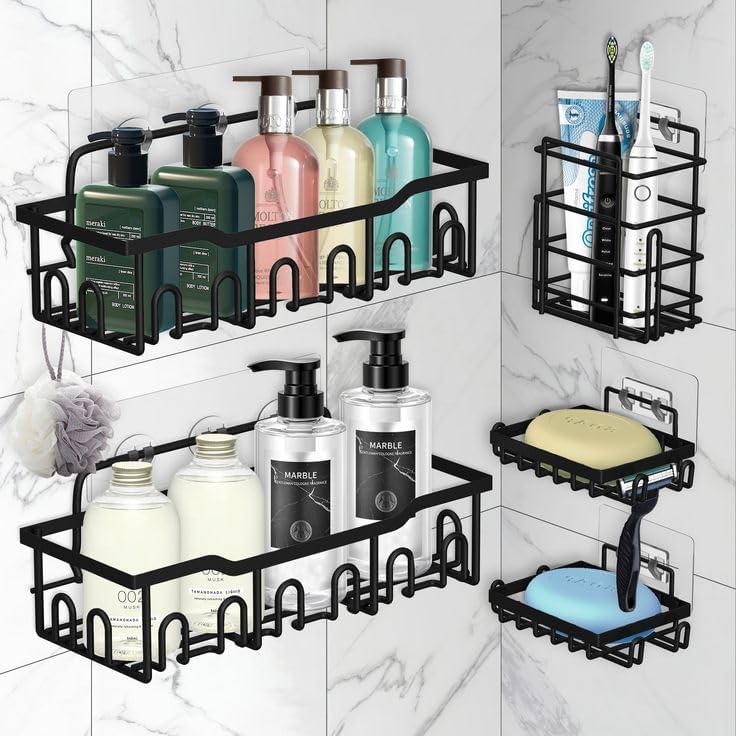 EVANEX Stainless Steel 5 in 1 Self Adhesive Bathroom Organizer Combo of Bathroom Shelves, Soap Holders, Tooth Brush Holder for Bathroom/Wall Mounted/No Drilling Required (Pack of 1) - Image 1
