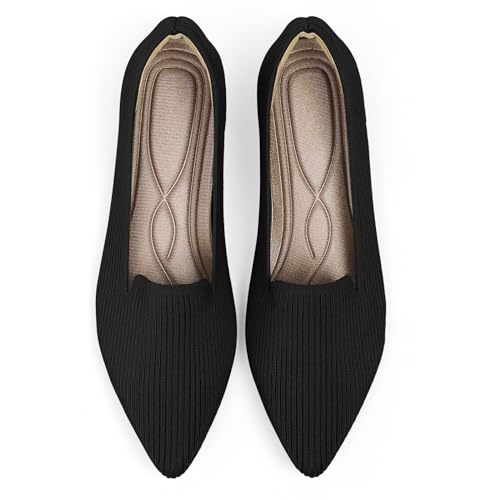 TINGRISE Women's Flats Shoes Pointed Toe Knit Washable Ballet Comfortable Dressy Work Flat Black US6.5 - Image 1