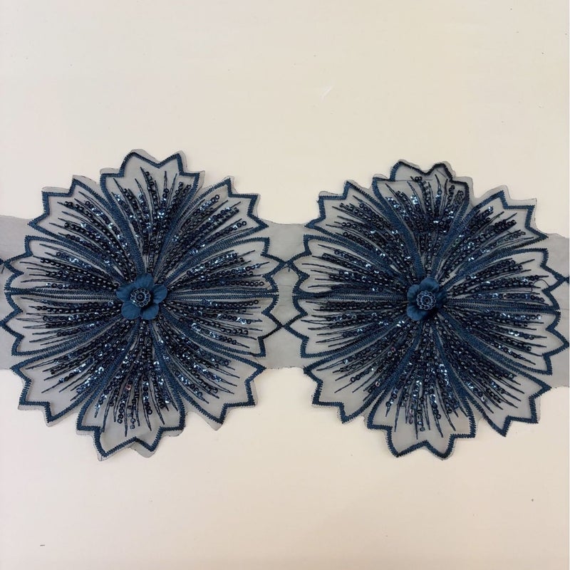 Embroidered Mesh Lace Applique Patches with Glass Beads - Image 1