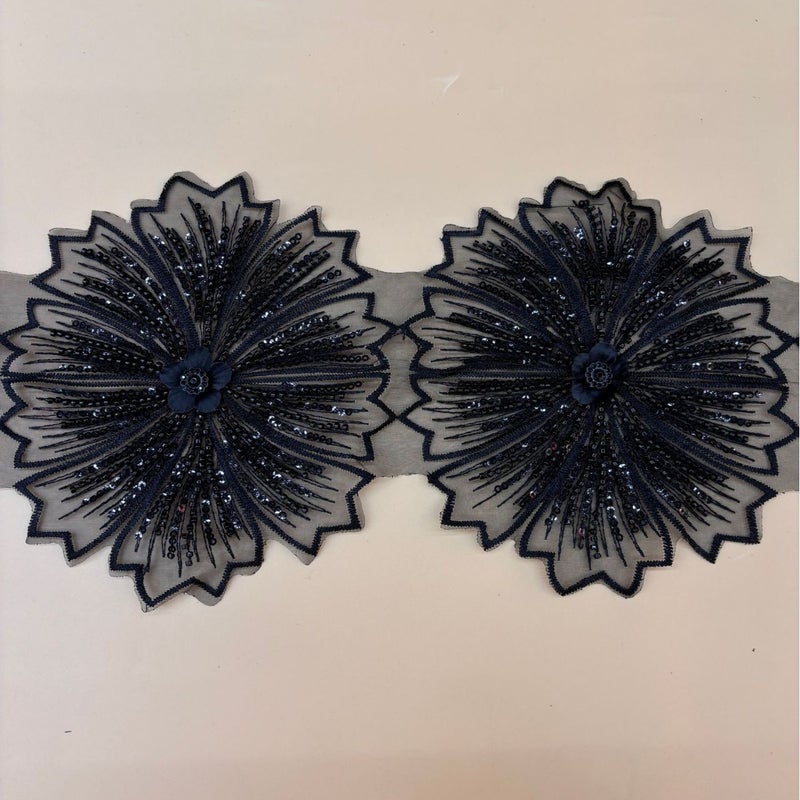 Embroidered Mesh Lace Applique Patches with Glass Beads - Image 2
