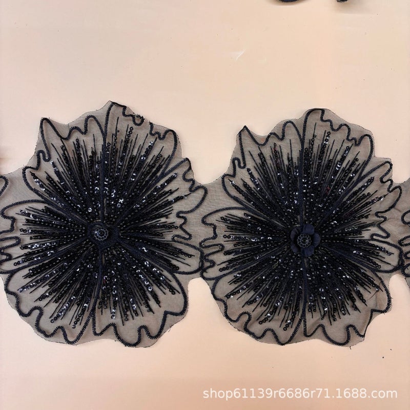 Embroidered Mesh Lace Applique Patches with Glass Beads - Image 3