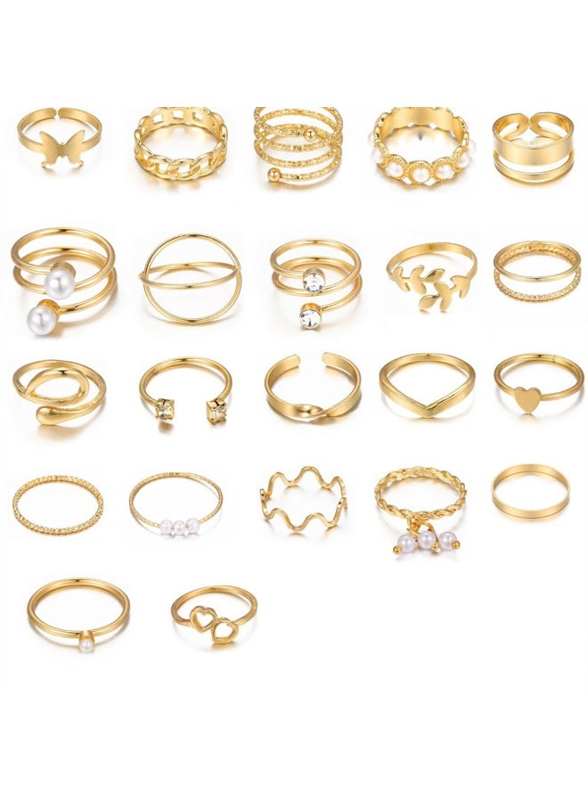 Zeemey Simple And Elegant Style Stacked Rings Set, Leaf Flower Design Mixed With Daily Clothing, Golden Jewelry  - Image 1