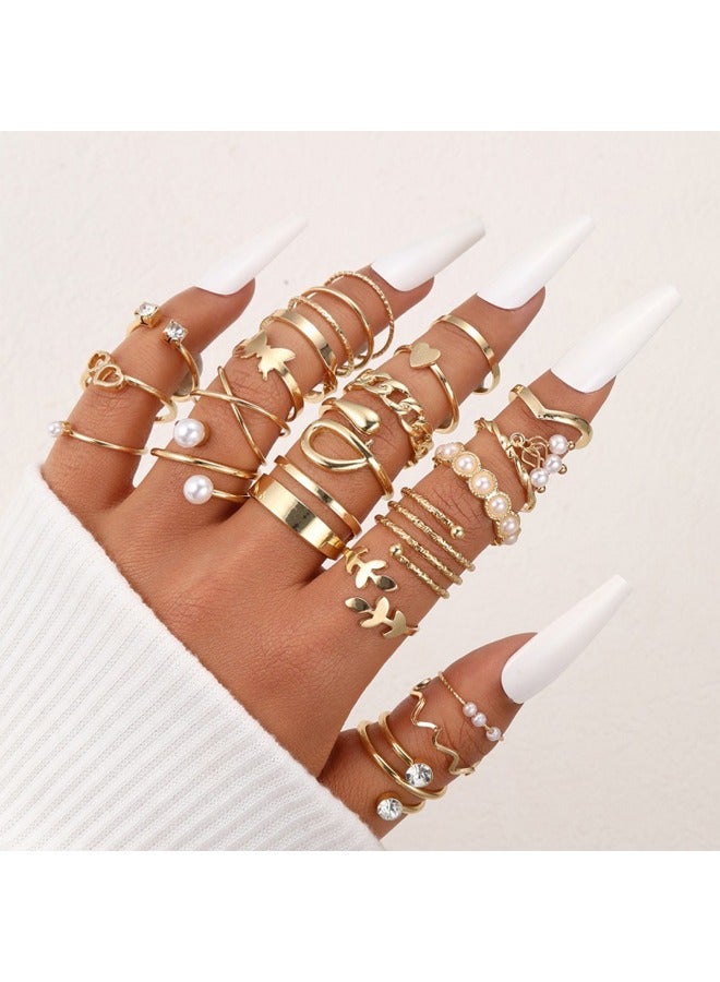 Zeemey Simple And Elegant Style Stacked Rings Set, Leaf Flower Design Mixed With Daily Clothing, Golden Jewelry  - Image 3