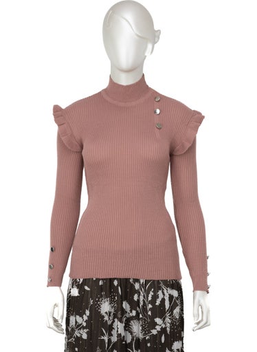 Oppland Women's Winter Sleeves Stylish Button Detailed Half Collar Ruffled Shoulders Long Sleeve Fitted Lycra Knitted Knitwear Badi Sweater  - Image 1