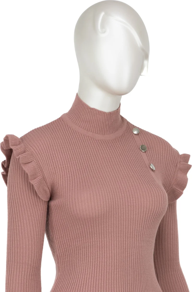 Oppland Women's Winter Sleeves Stylish Button Detailed Half Collar Ruffled Shoulders Long Sleeve Fitted Lycra Knitted Knitwear Badi Sweater