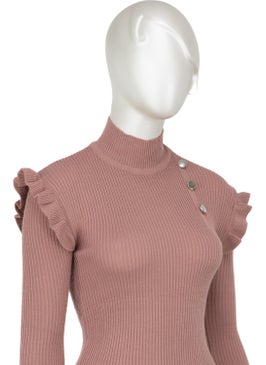 Oppland Women's Winter Sleeves Stylish Button Detailed Half Collar Ruffled Shoulders Long Sleeve Fitted Lycra Knitted Knitwear Badi Sweater  - Image 4