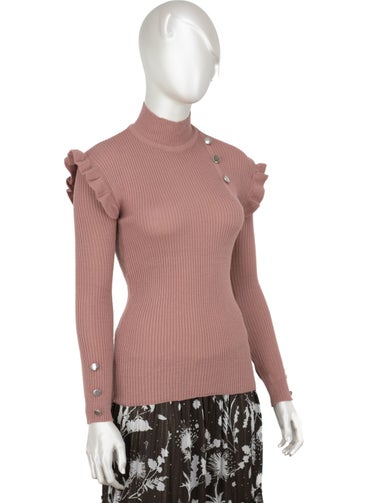 Oppland Women's Winter Sleeves Stylish Button Detailed Half Collar Ruffled Shoulders Long Sleeve Fitted Lycra Knitted Knitwear Badi Sweater  - Image 2