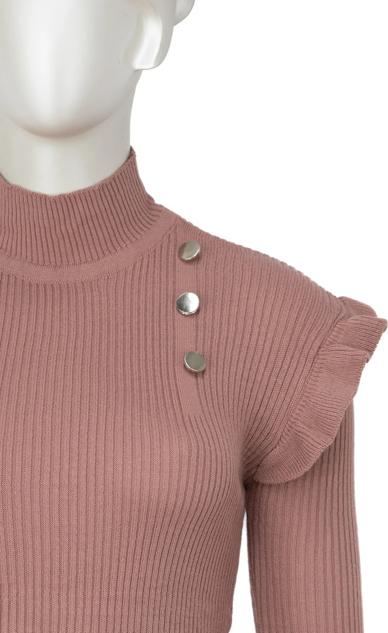 Oppland Women's Winter Sleeves Stylish Button Detailed Half Collar Ruffled Shoulders Long Sleeve Fitted Lycra Knitted Knitwear Badi Sweater