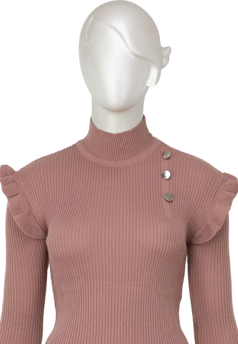 Oppland Women's Winter Sleeves Stylish Button Detailed Half Collar Ruffled Shoulders Long Sleeve Fitted Lycra Knitted Knitwear Badi Sweater