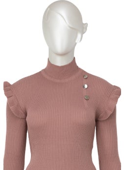 Oppland Women's Winter Sleeves Stylish Button Detailed Half Collar Ruffled Shoulders Long Sleeve Fitted Lycra Knitted Knitwear Badi Sweater  - Image 3