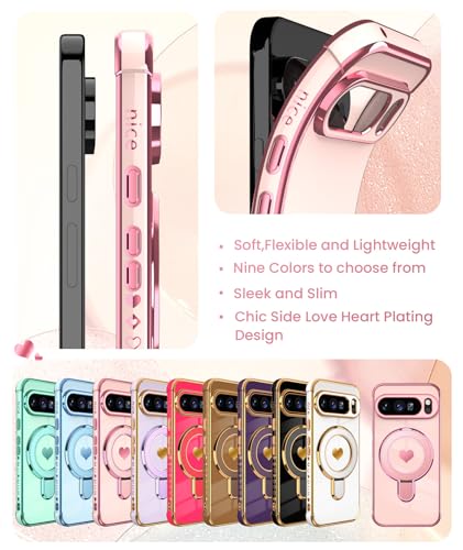 Liufcx for Google Pixel 10/10 Pro Love Heart Kickstand Case with 2X Screen Protector: Luxury Plated Gold Edge Slim Soft TPU Shockproof Protection Case Cover for Pixel 10/10 Pro (Pink) - Image 5