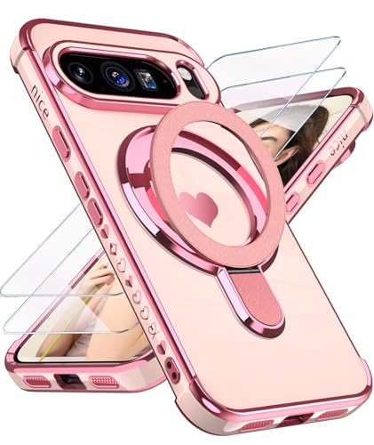 Liufcx for Google Pixel 10/10 Pro Love Heart Kickstand Case with 2X Screen Protector: Luxury Plated Gold Edge Slim Soft TPU Shockproof Protection Case Cover for Pixel 10/10 Pro (Pink) - Image 1