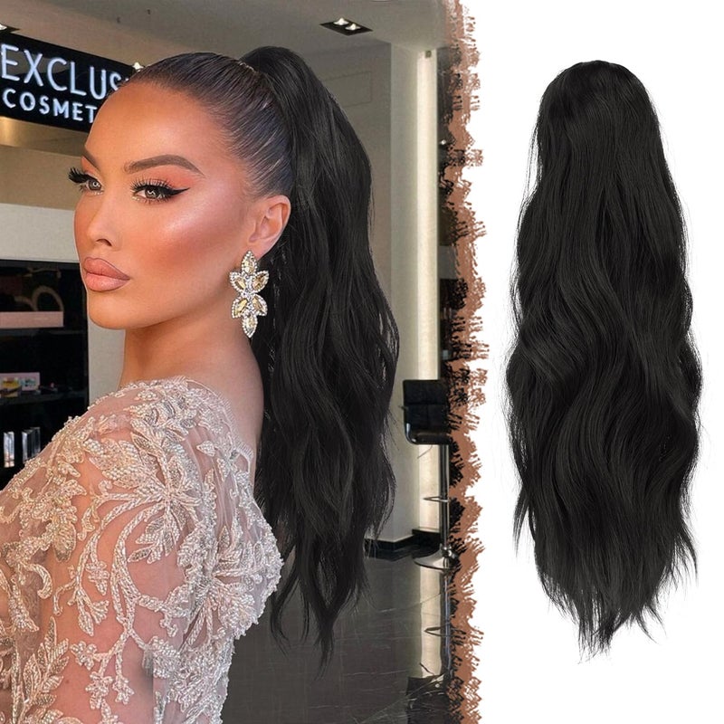 إضافات ذيل الحصان FESHFEN مع مشبك مخلب طويل في قطعة شعر ذيل حصان صناعية، خصلات شعر طبيعية مموجة للنساء 20 بوصة سوداء