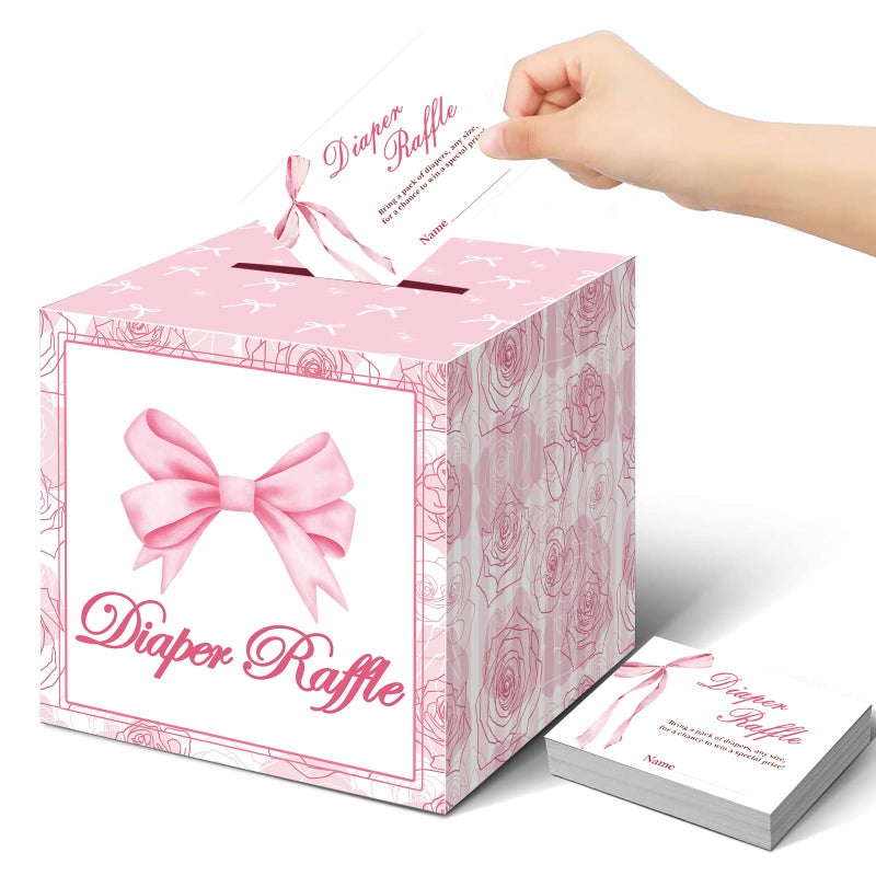 Mecholey 51Pcs Diaper Raffle Box and Diaper Raffle Tickets, Pink Bow Baby Shower Decorations for Girlï¼ŒHilarious Baby Shower Games for Girl - Image 1